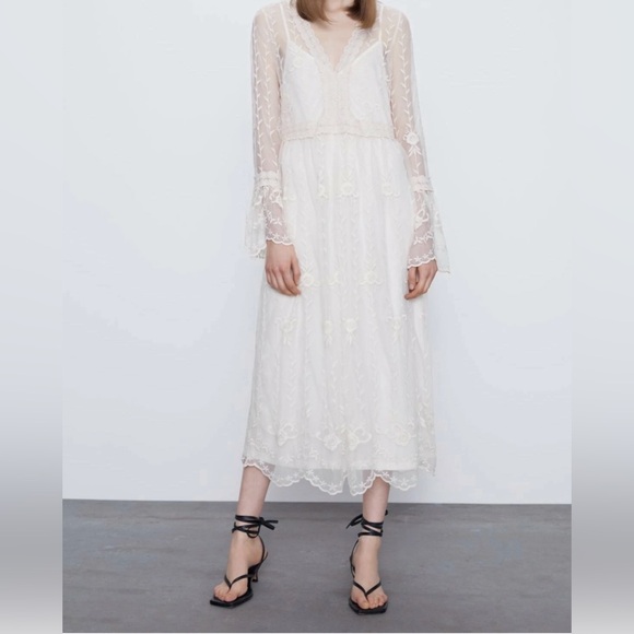 Beautiful Zara cream lace embroidered bohemian midi dress large - Picture 3 of 11